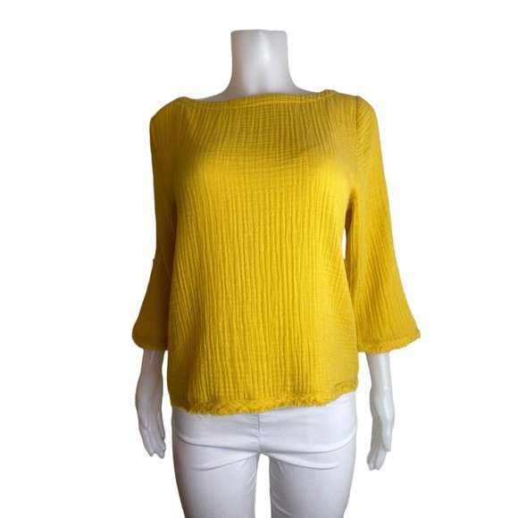 F. Eileen Fisher Organic Cotton Top L Yellow Blouse 3/4 Sleeve NWT $168 - Picture 1 of 11